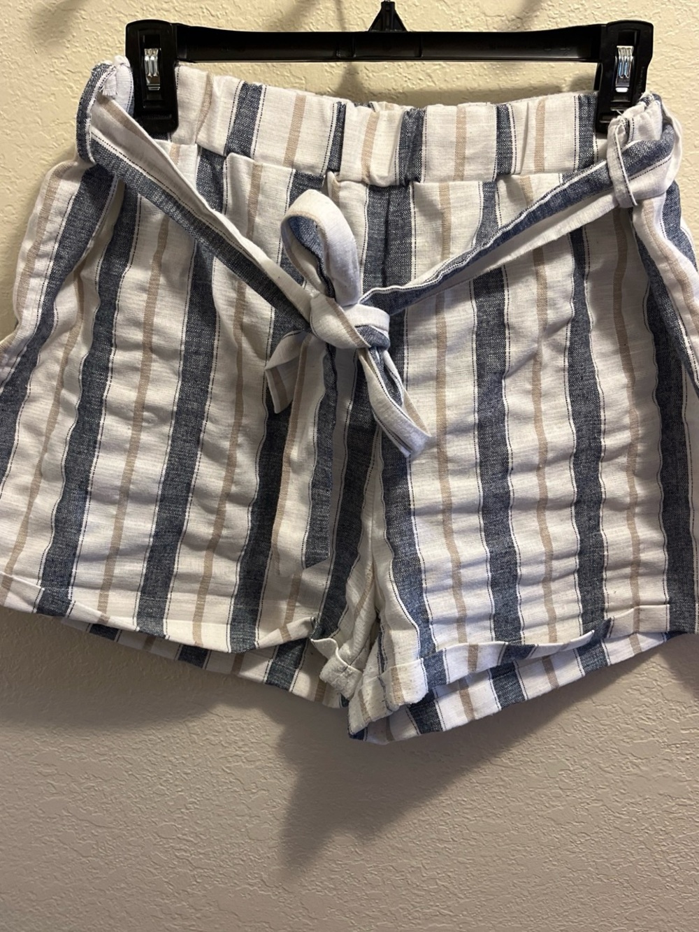 Striped Tie-Waist Linen Blend Women’s Shorts - Blue & White